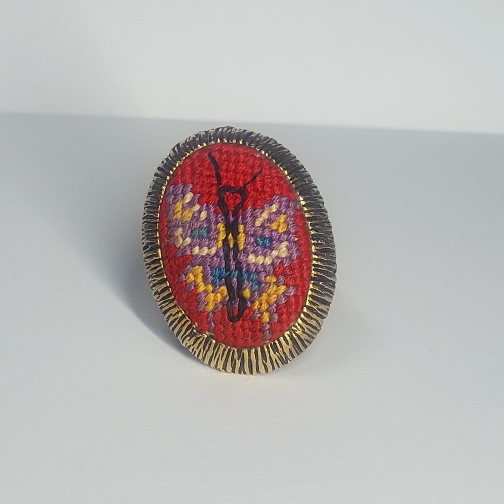 Vintage Needlepoint Butterfly Adjustable Ring